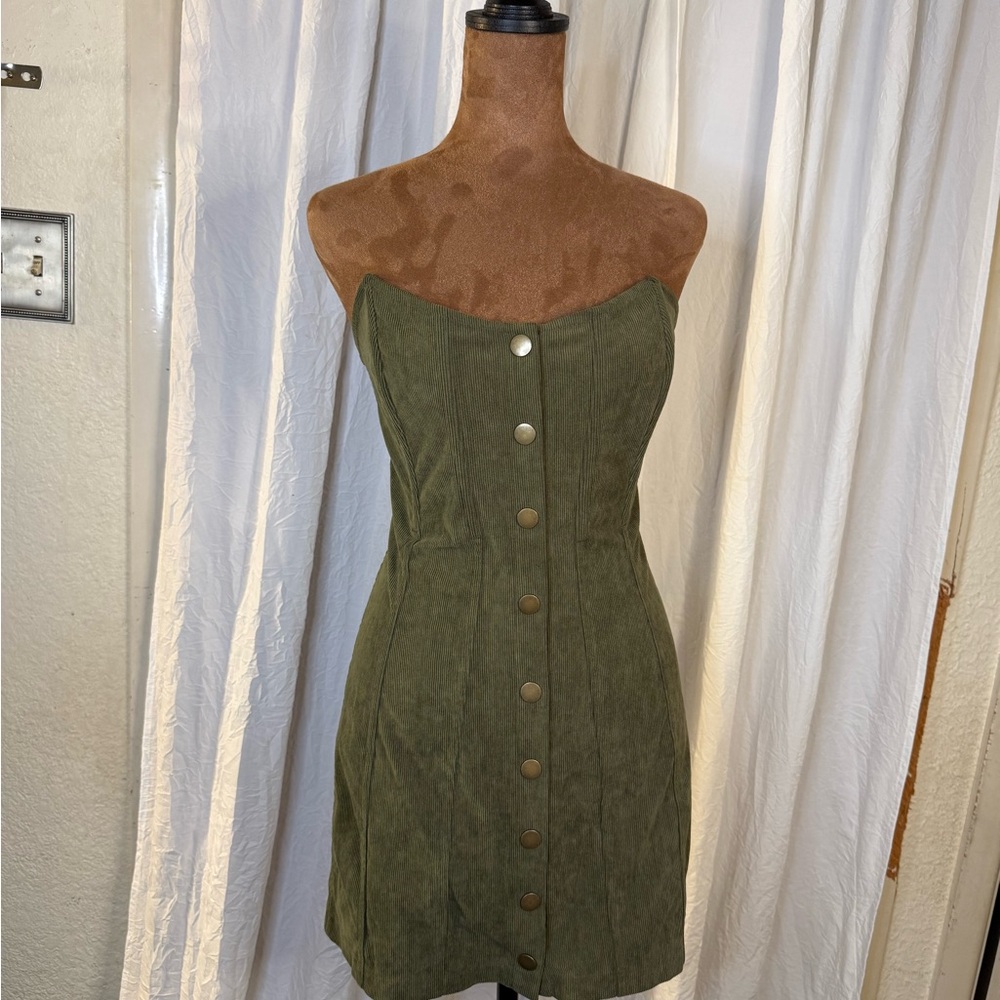 Urban Outfitters Olive Green Strapless Button-Front Dress